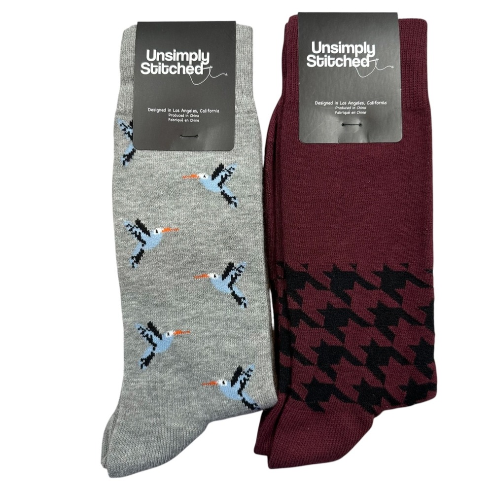 UNSIMPLY STITCHED Novelty Socks 2-Pairs Grey Blue Bird‎ & Burgundy Houndstooth